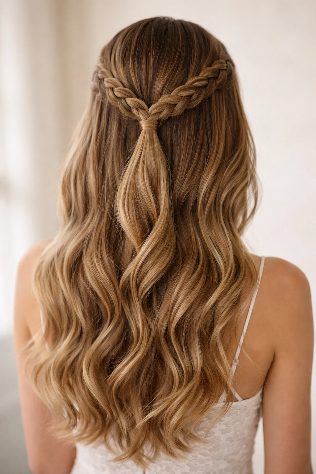 8 Half-Up Braided Styles That Were Made for Weddings 8 Close-up of a wedding hairstyle with two parallel braids framing the head and meeting at the back