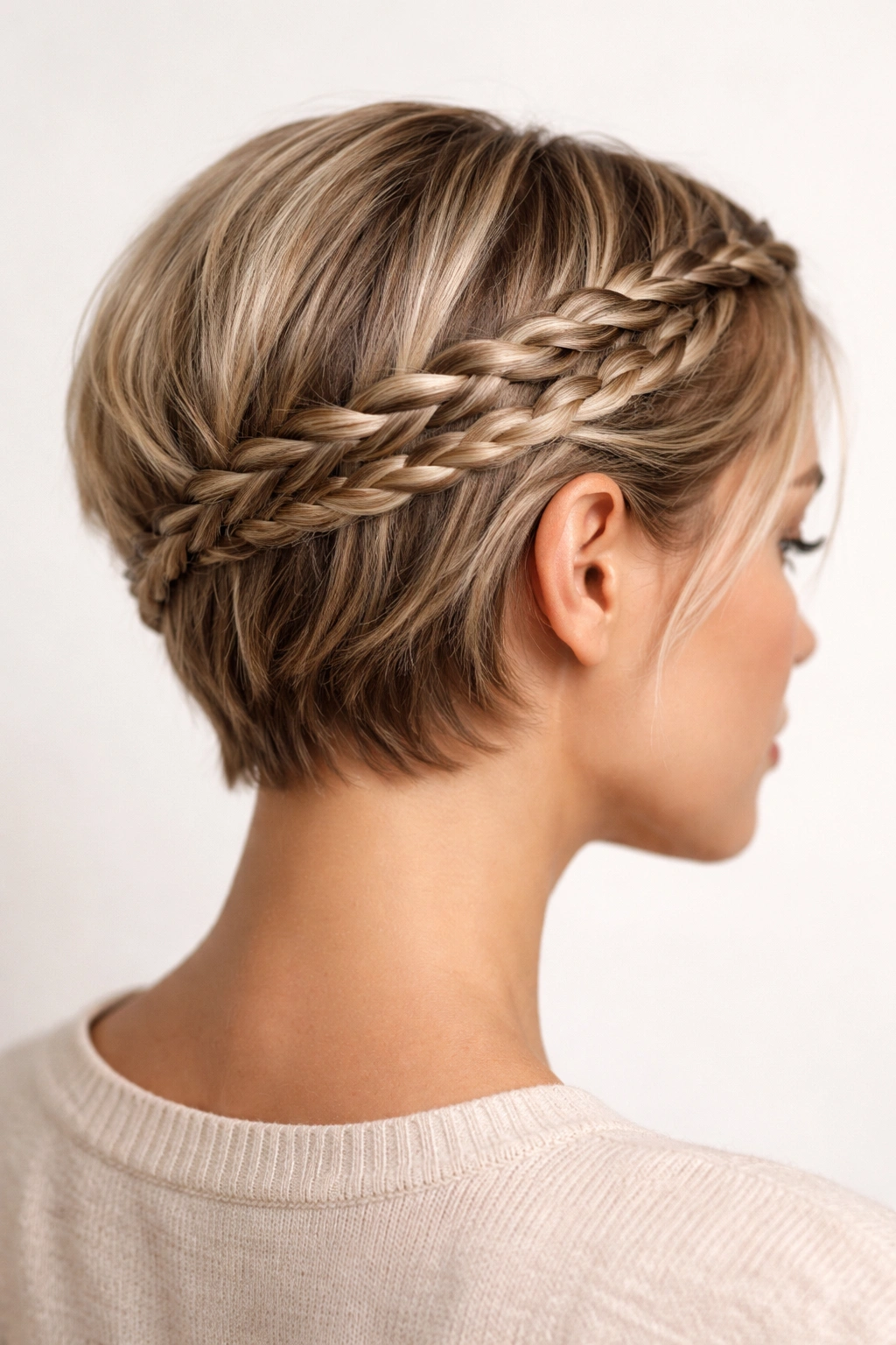 Close-up of two thin braids wrapping around a short hairstyle forming a double wrap