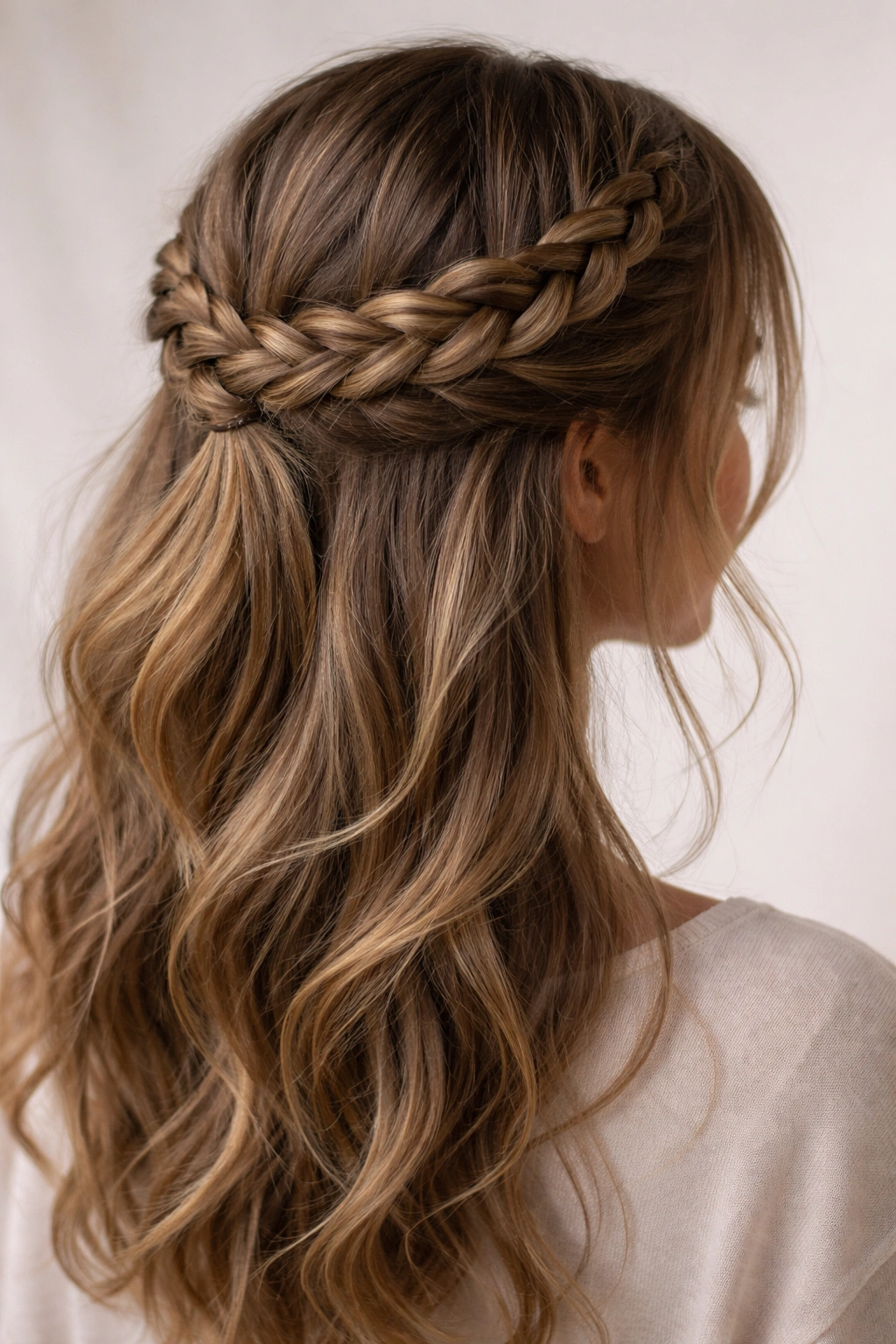 Two side braids forming a crown at the back of the head