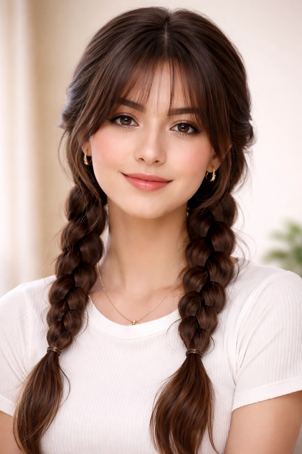 Two neat braids with curtain bangs framing the face