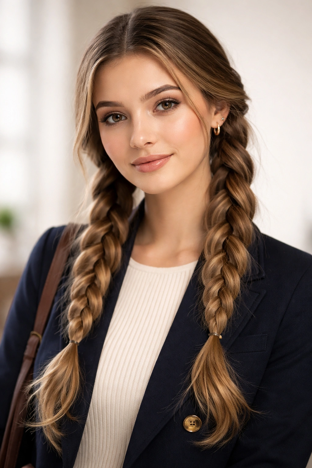 Two loose center-part braids hanging over shoulders