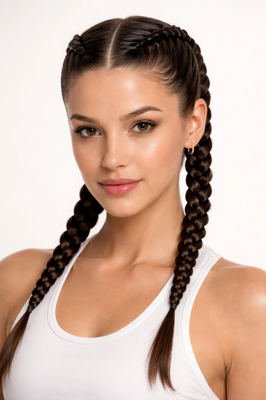 Two symmetric slicked-back braids on either side of the head with a clean, centered part.