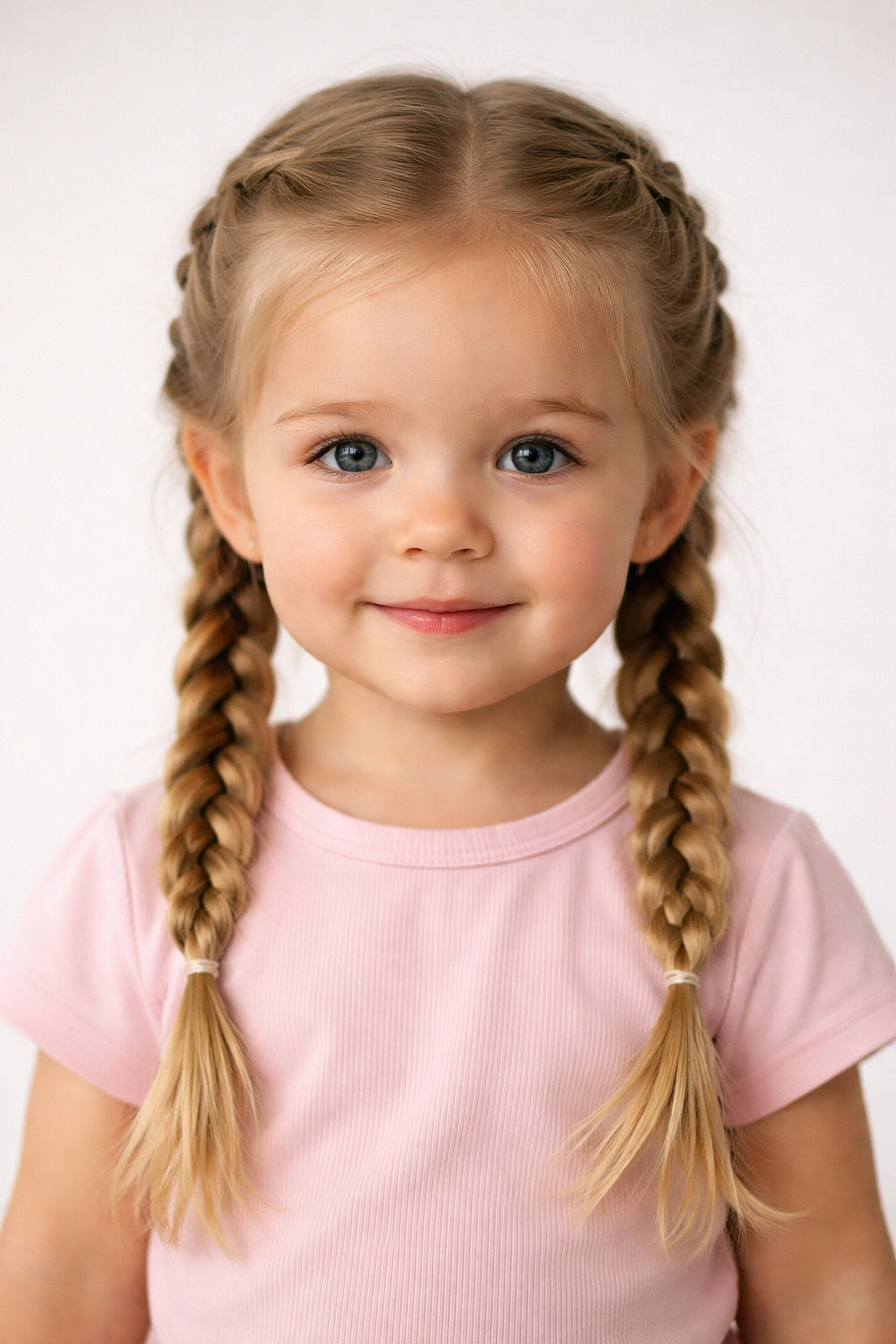 Front view of toddler with two side braids
