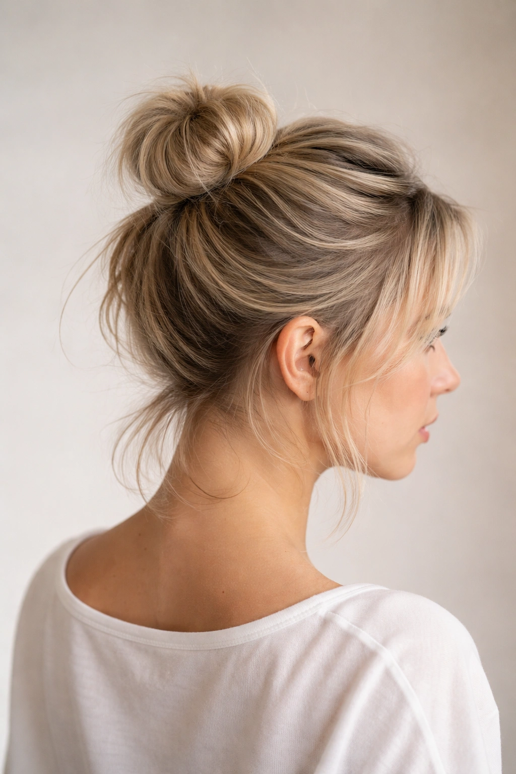 Two small buns stacked on the crown with loose strands