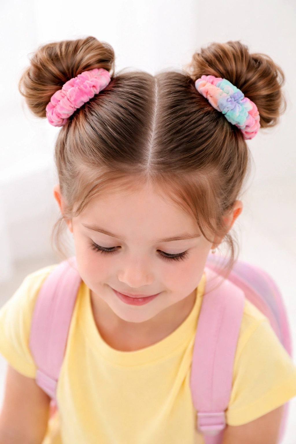 Two high space buns with colorful scrunchies