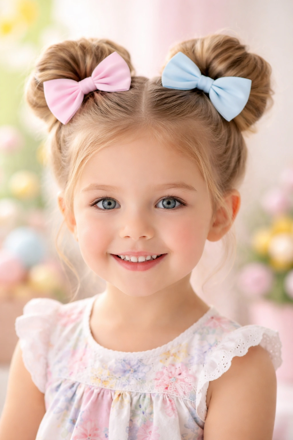 Girl with two high buns and pastel bows