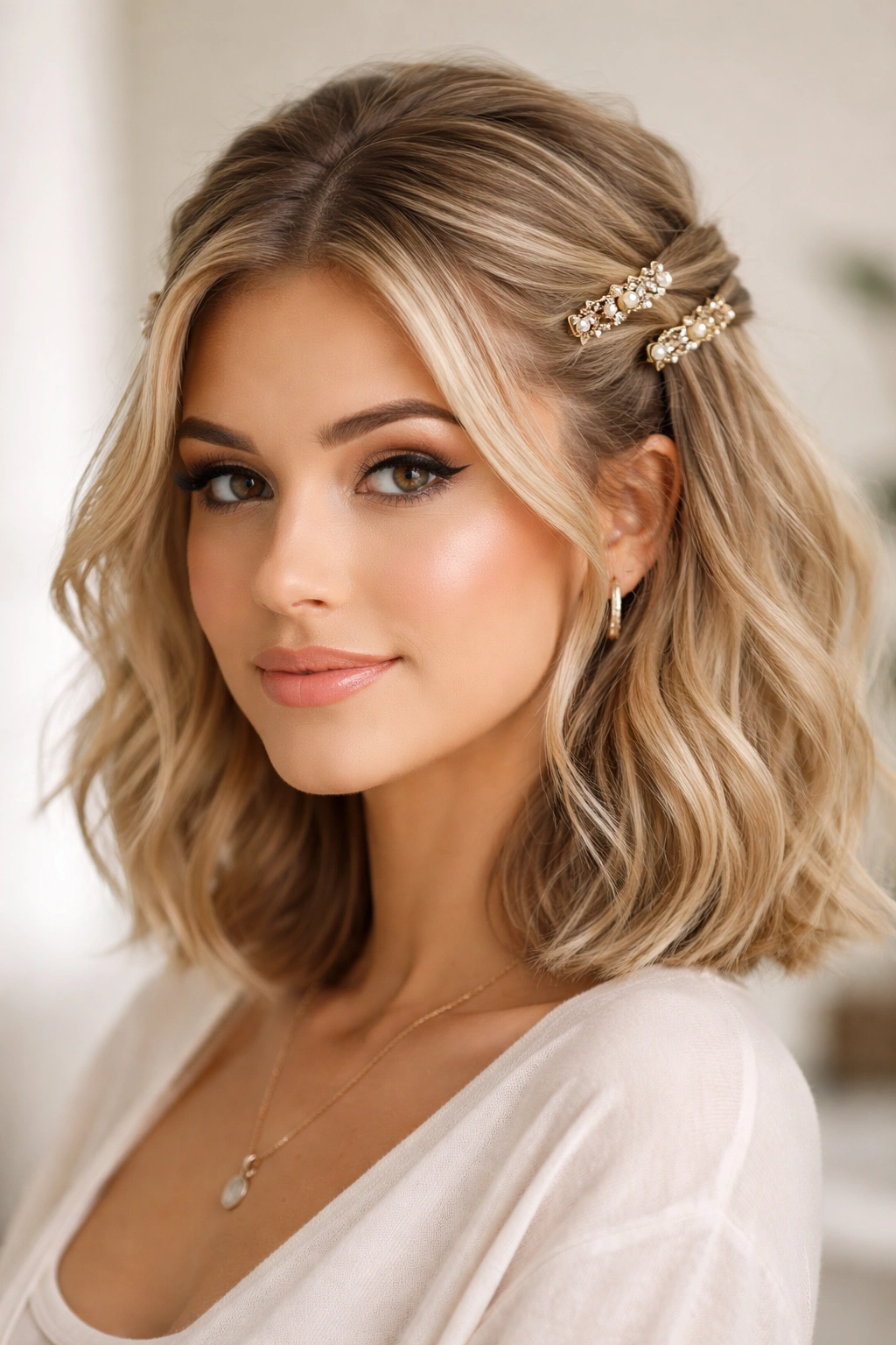 Two decorative clips hold back hair near the crown creating the Double-Clip Elegance style.