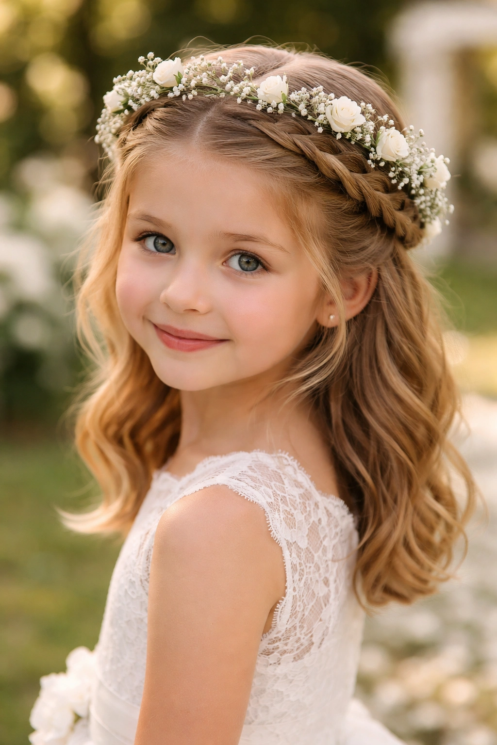 Flower girl with two parallel crown braids around her head forming a halo