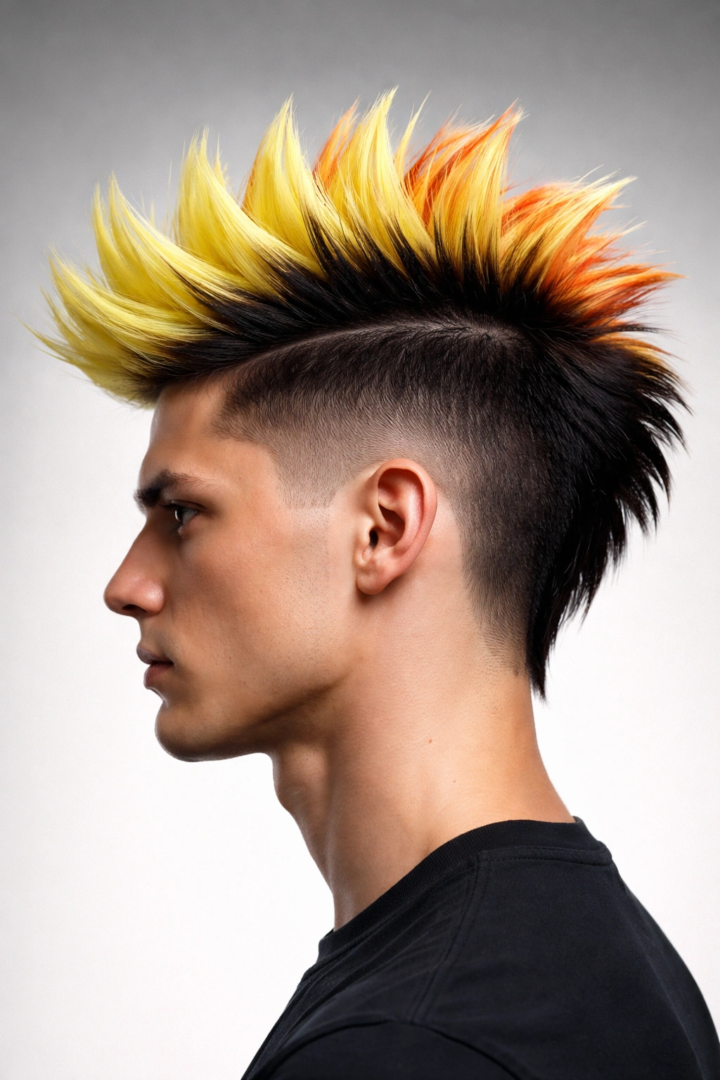 Profile view of a two-tone double-deck faux hawk with color tiers