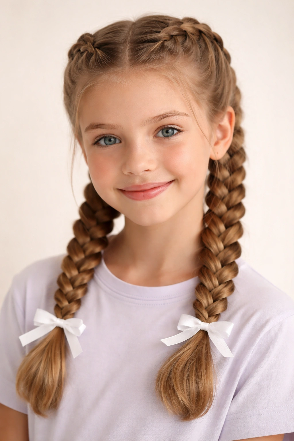 Front-facing close-up of two Dutch braids with bows at the ends