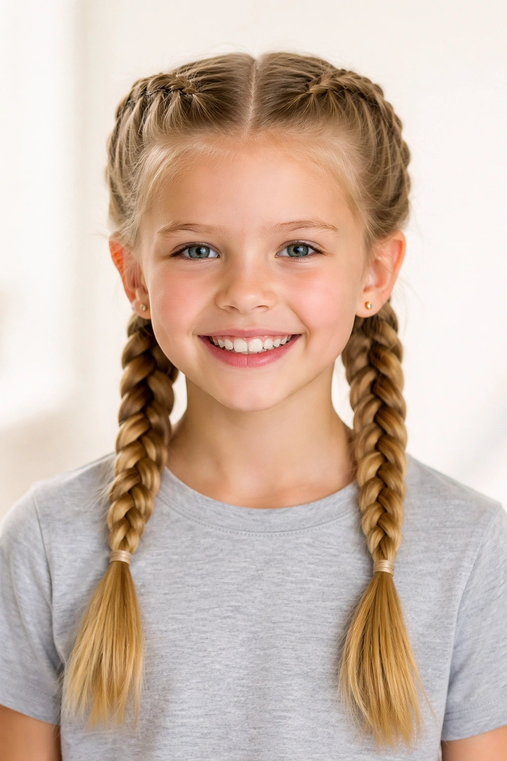 Two symmetrical Dutch braids starting at the hairline down to the nape
