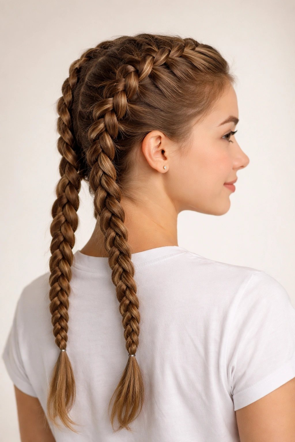 Two parallel Dutch braids along the head