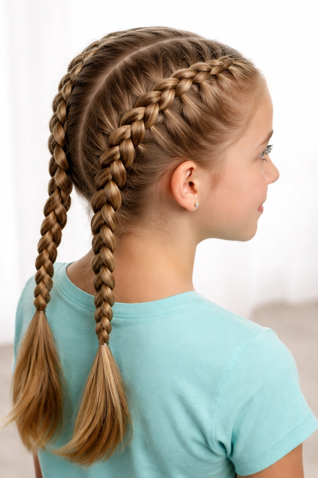 Two Dutch braids running from crown to back on a head