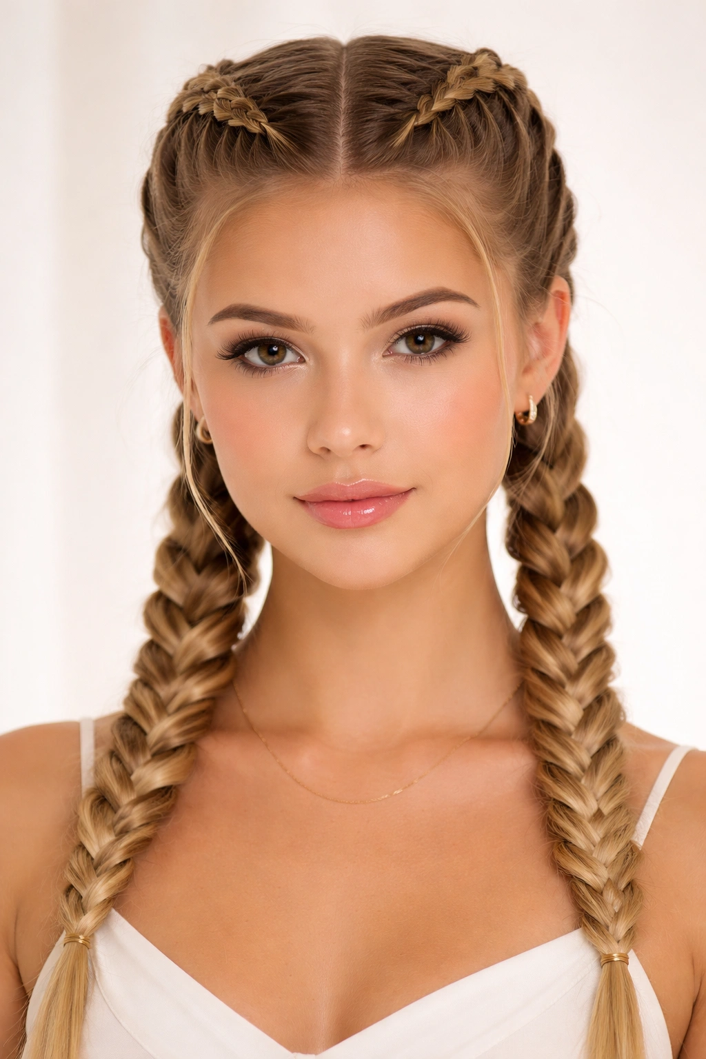Head-on view of two symmetrical Dutch braids along the scalp