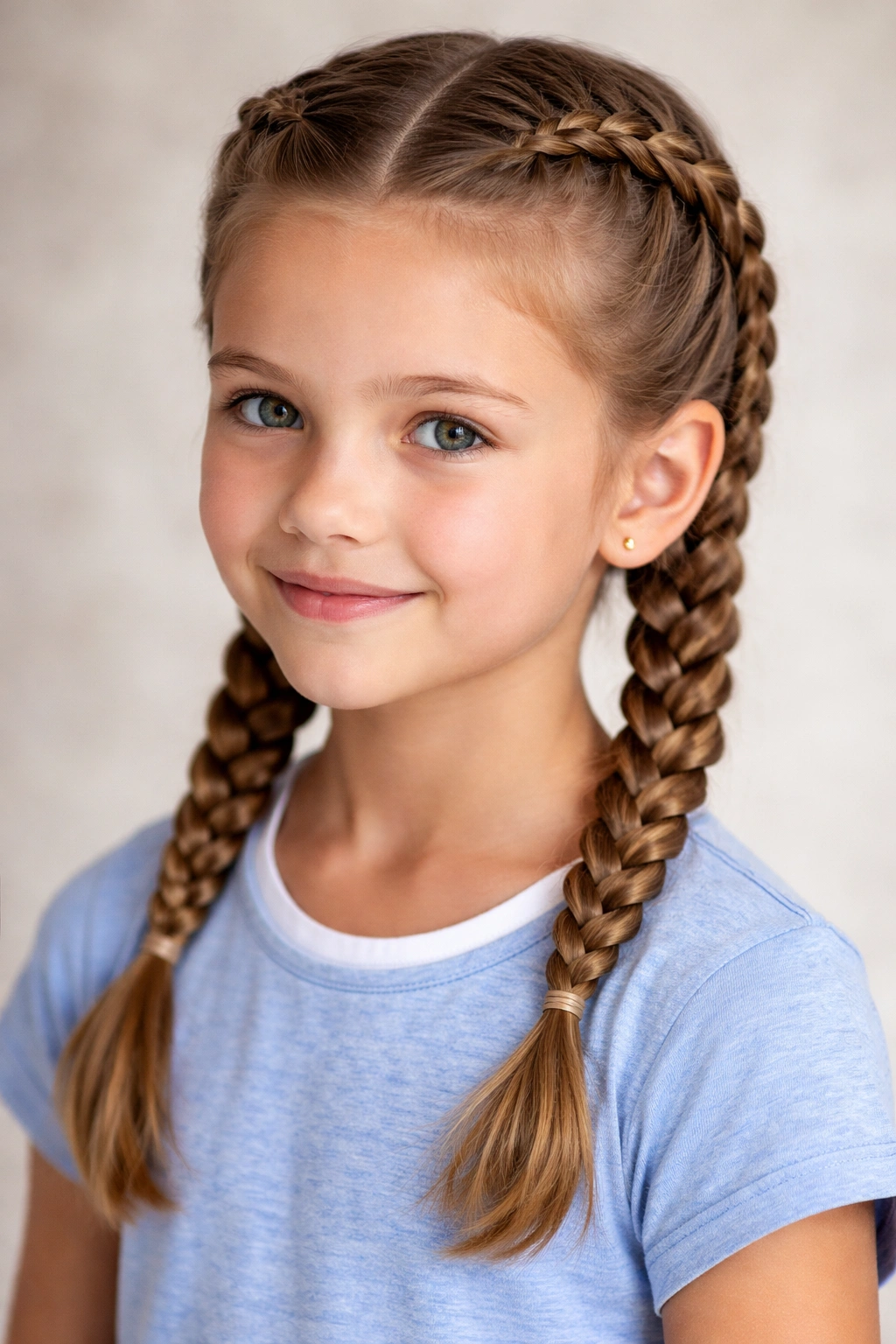 Two symmetrical Dutch braids on each side of a child's head.