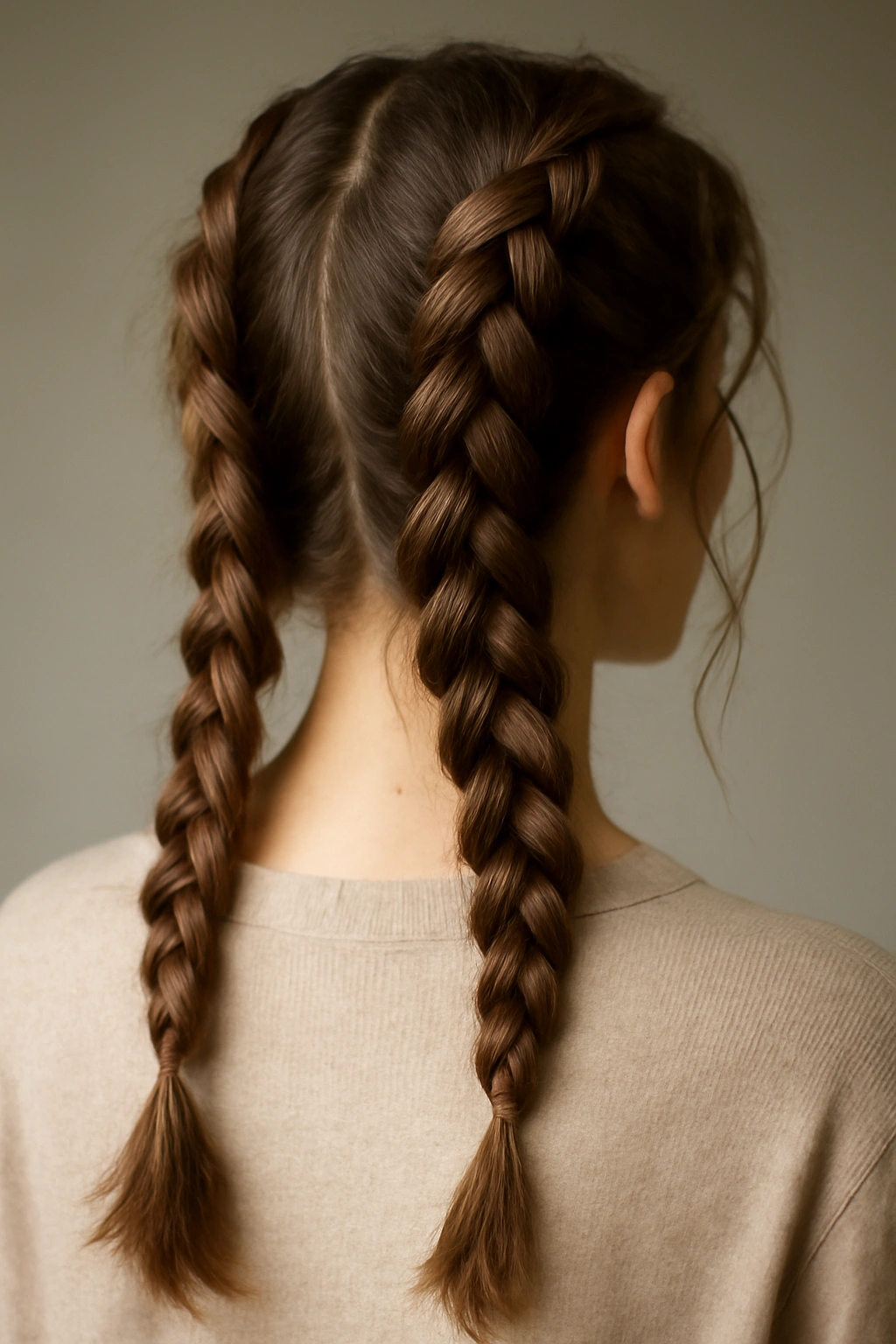 10 Loose Braid Styles for Casual or Dressy Occasions 7 Close-up of symmetrical loose Dutch braids running down the back of the head