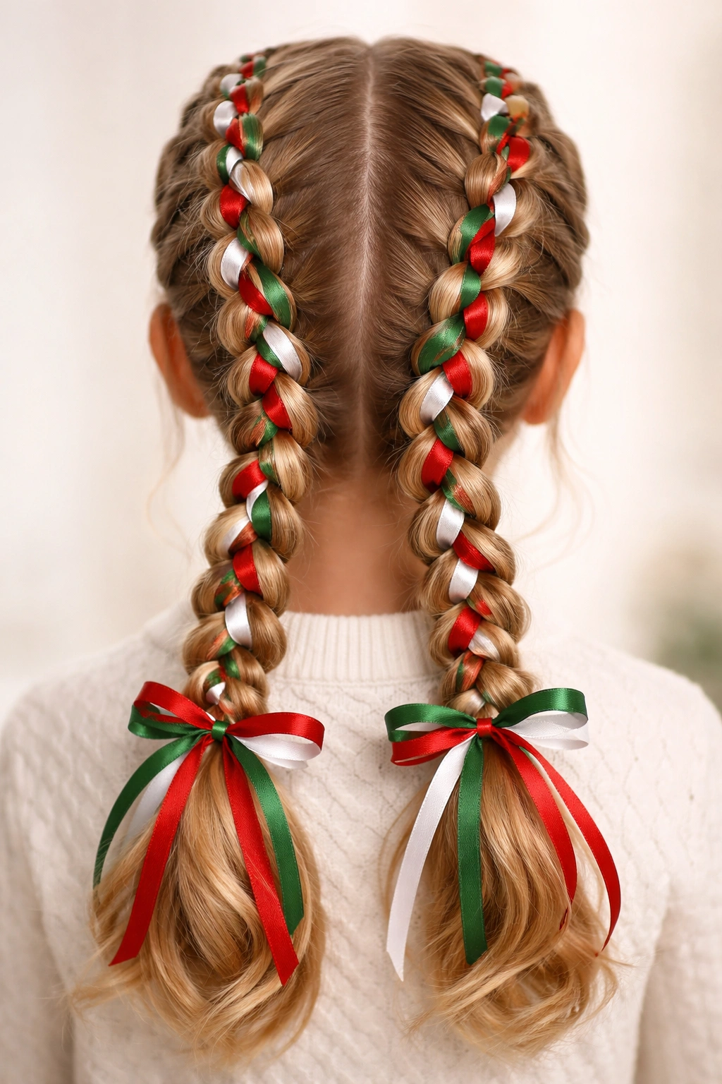 Close-up of two Dutch braids with ribbons woven through on a child's head