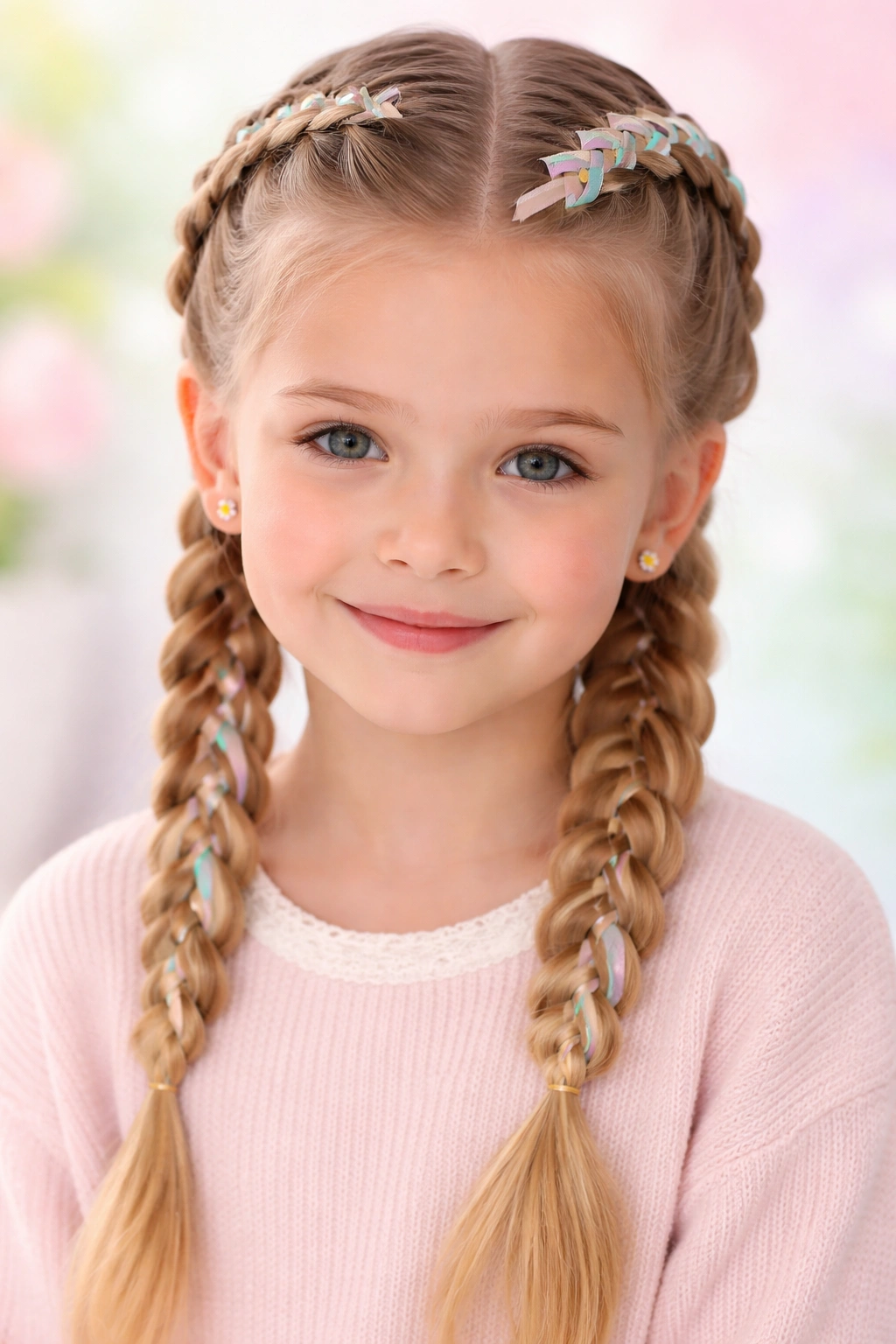 Double Dutch braids with ribbon woven into the braid