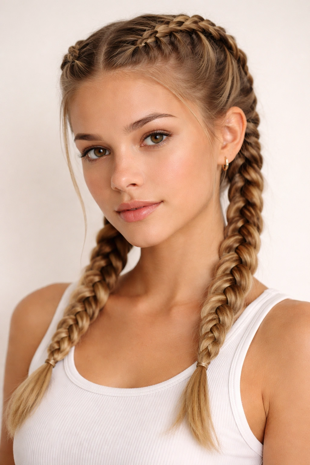 Front view of two neat Dutch boxer braids framing the head.