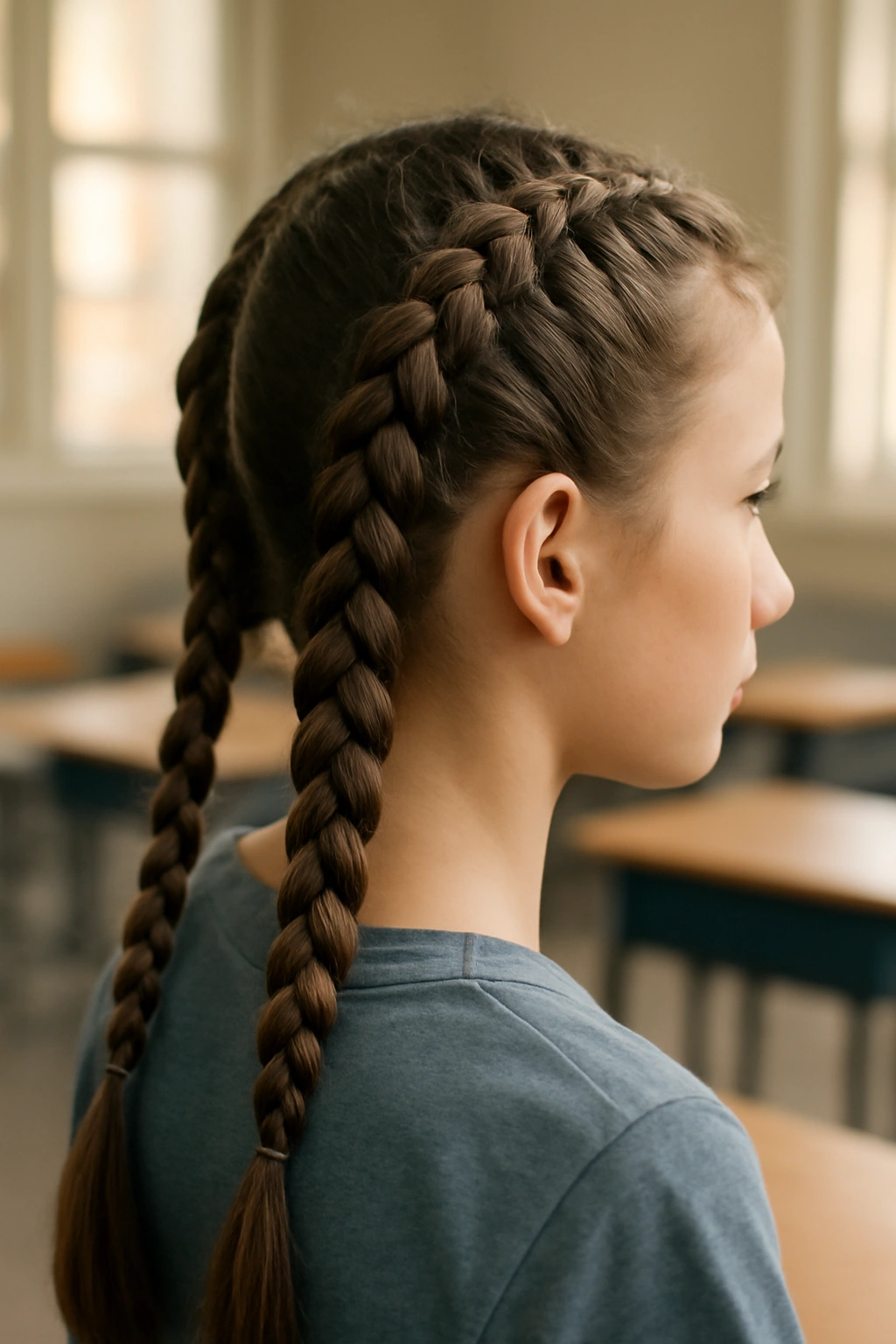 10 Quick School Morning Hairstyles for Busy Girls 4 Two Dutch braids along the scalp from temple to nape