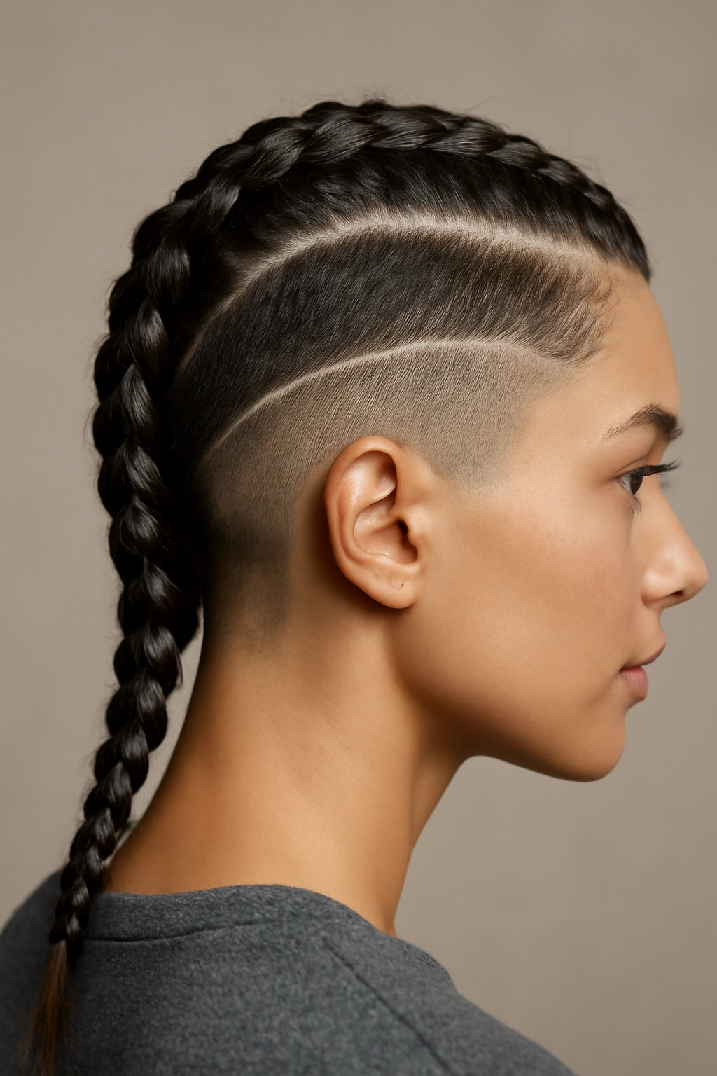 Close-up of double Dutch braids with a sharp undercut on shaved sides