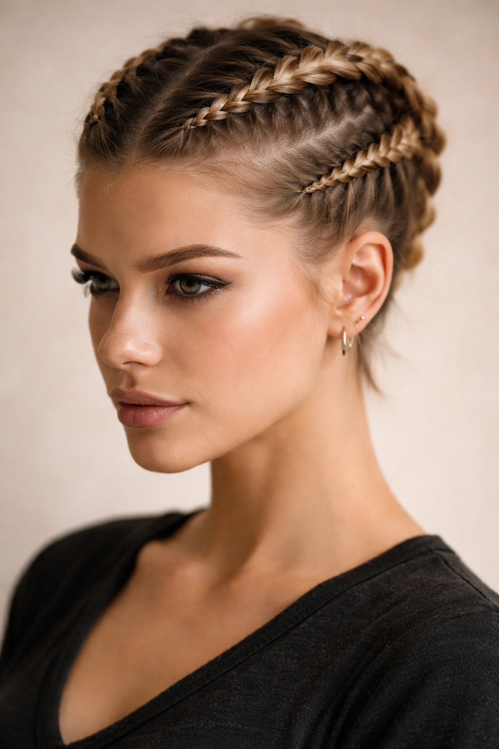 10 Viking Inspired Braids That Work Well On Short Hair 3 Two symmetrical Dutch braids on short hair framing the head