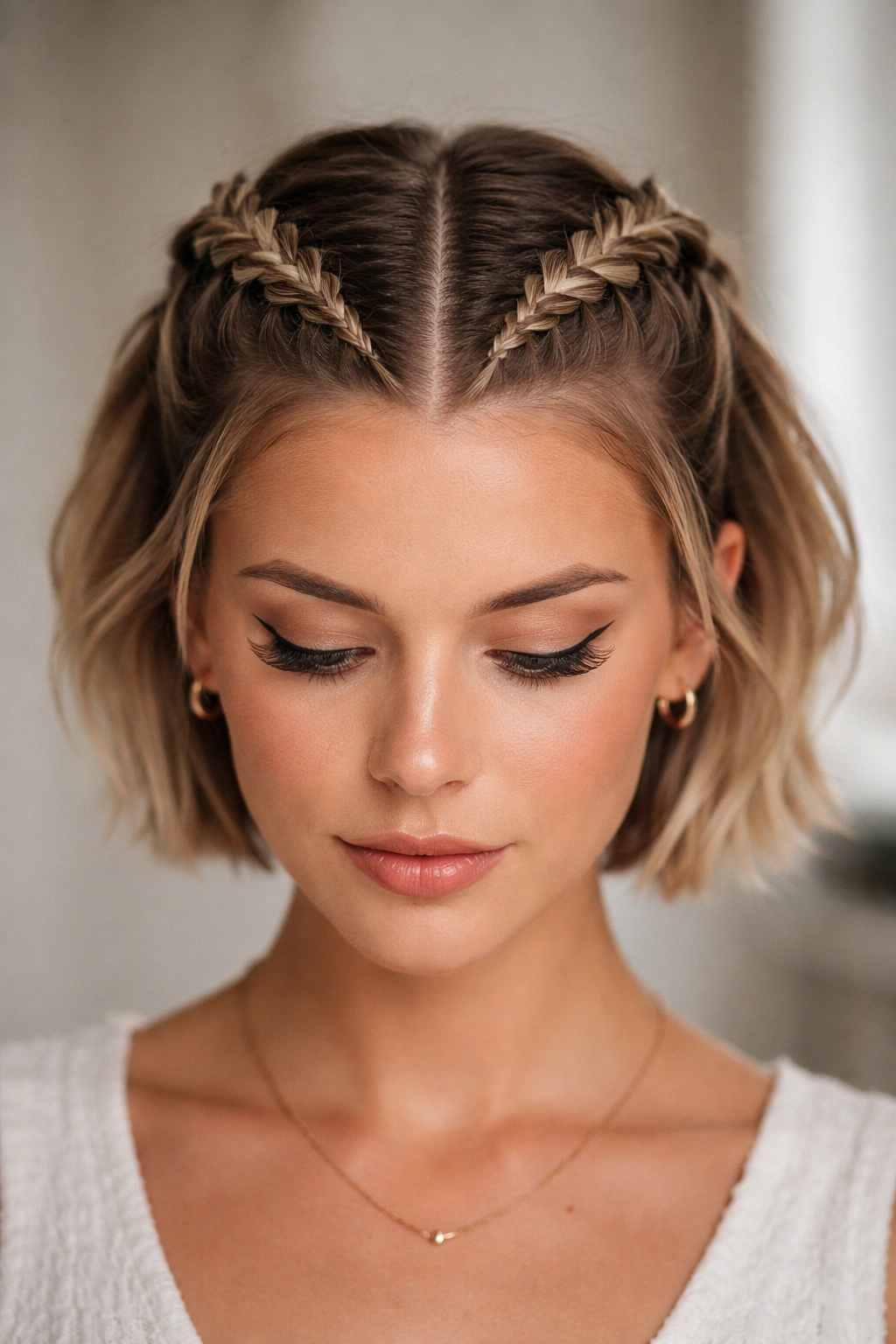 20 Short Braided Hairstyles To Pin Right Now 15 Symmetrical double Dutch braids forming a crown on a short hairstyle.