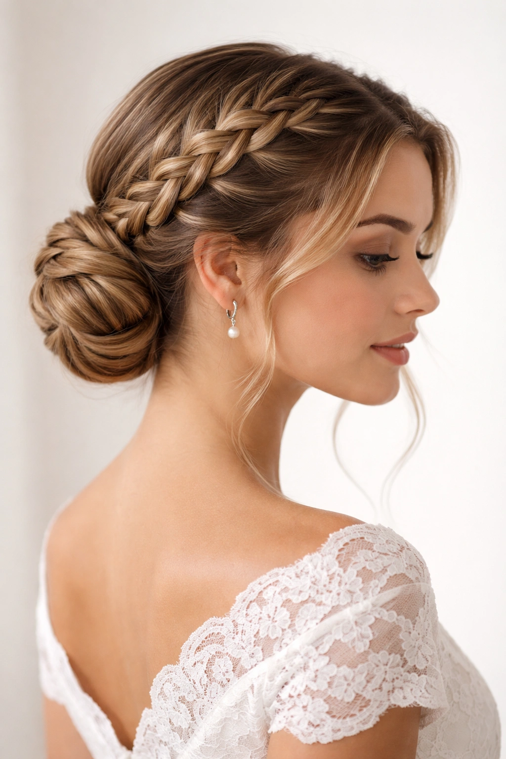 Double French braids leading to a low bun, symmetrical and elegant