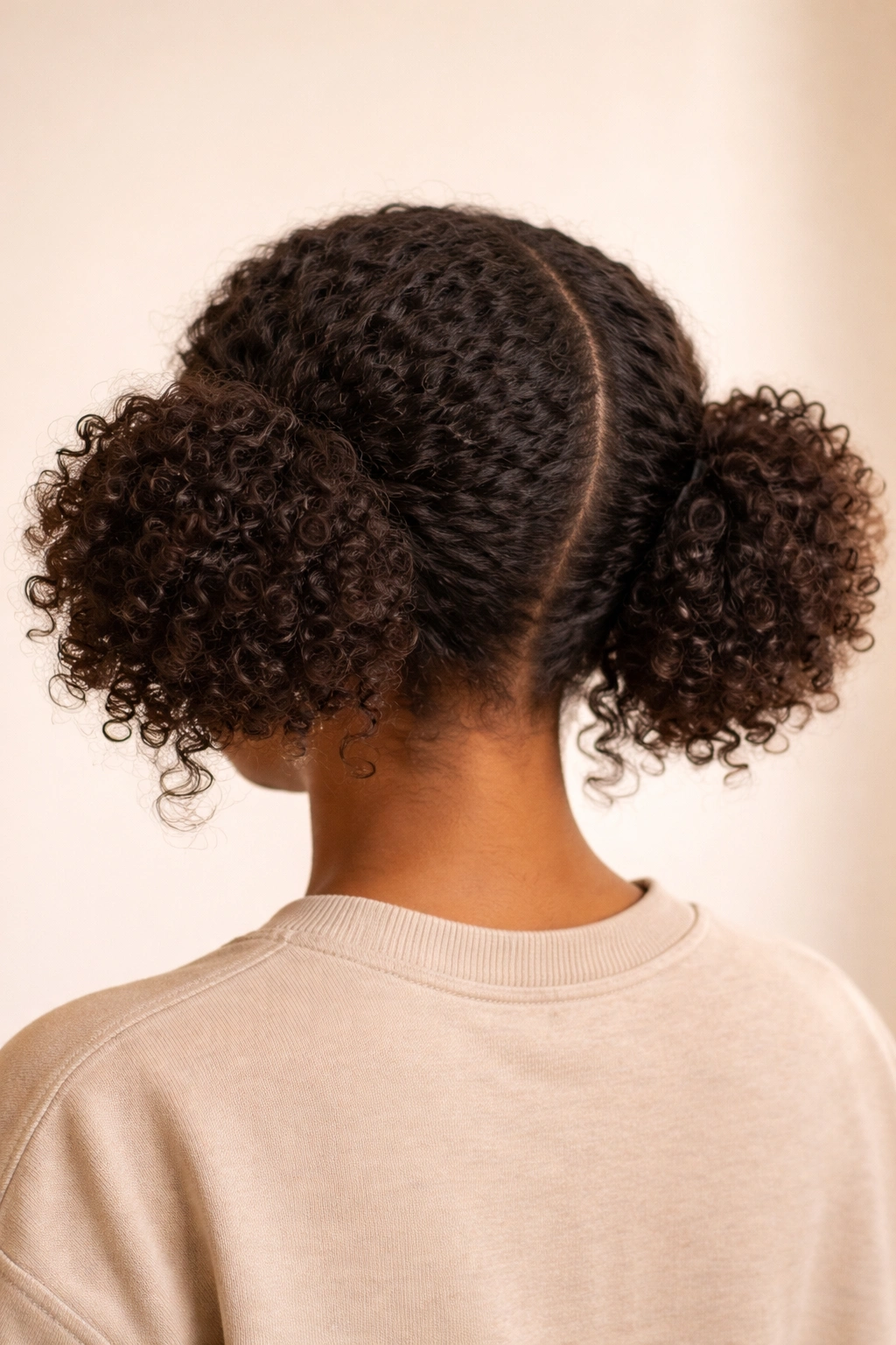Front view of Double Low Puffs with two voluminous curls at the nape