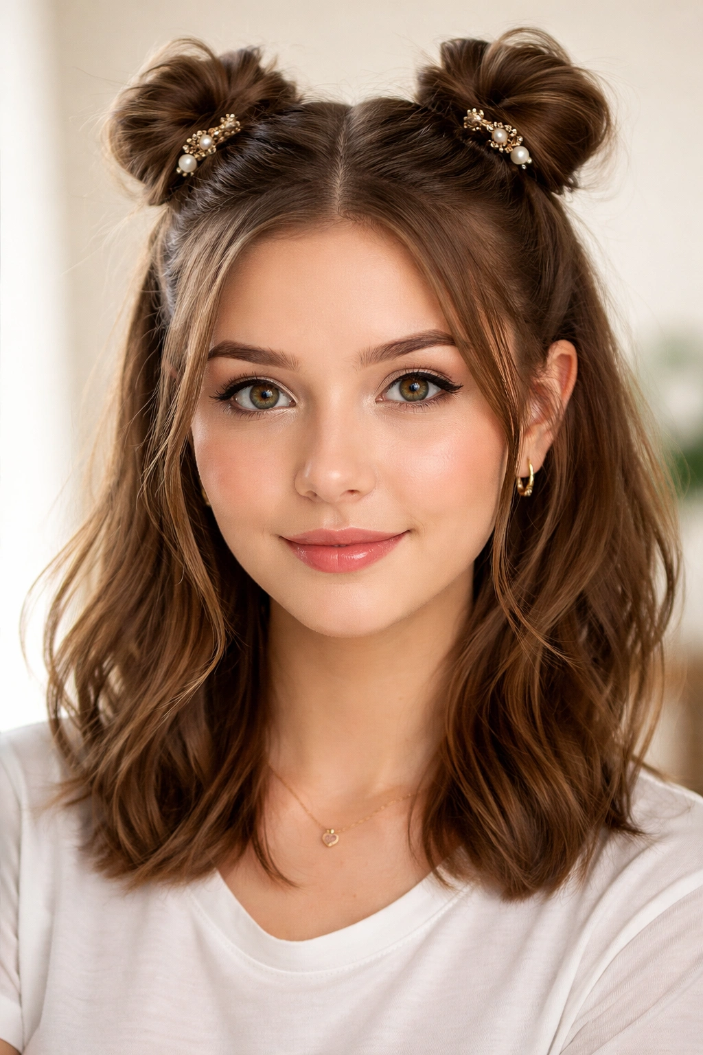 Two small high buns on top with hair down around them.