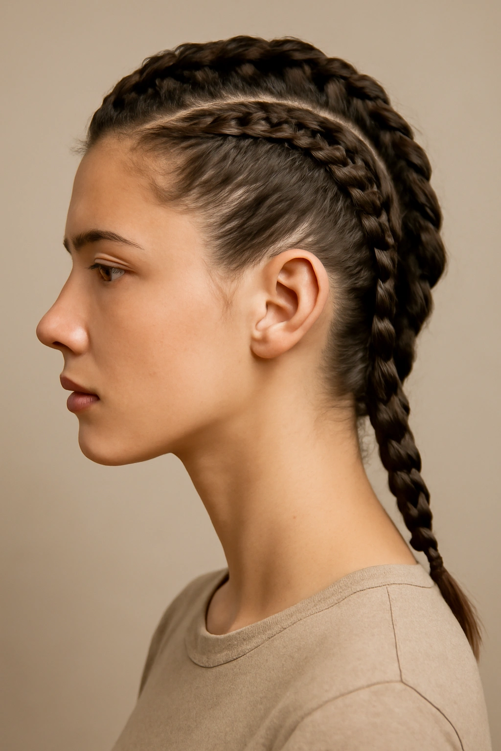 Two symmetrical braids framing a mohawk look