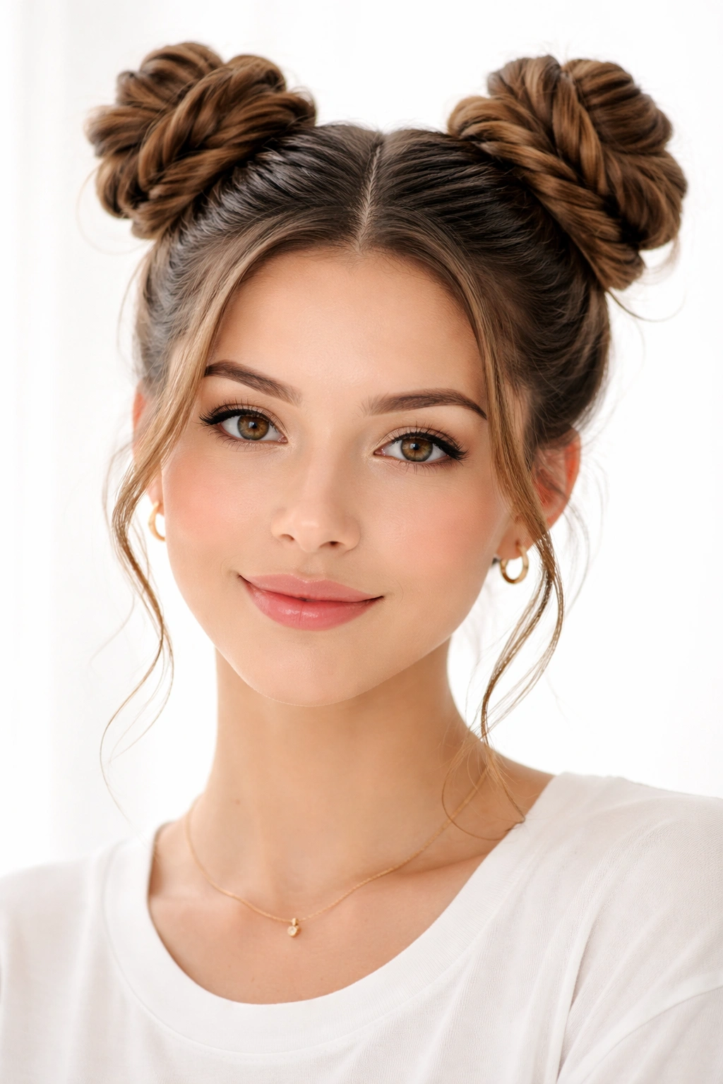 Two high twisted buns on top of head, symmetrical
