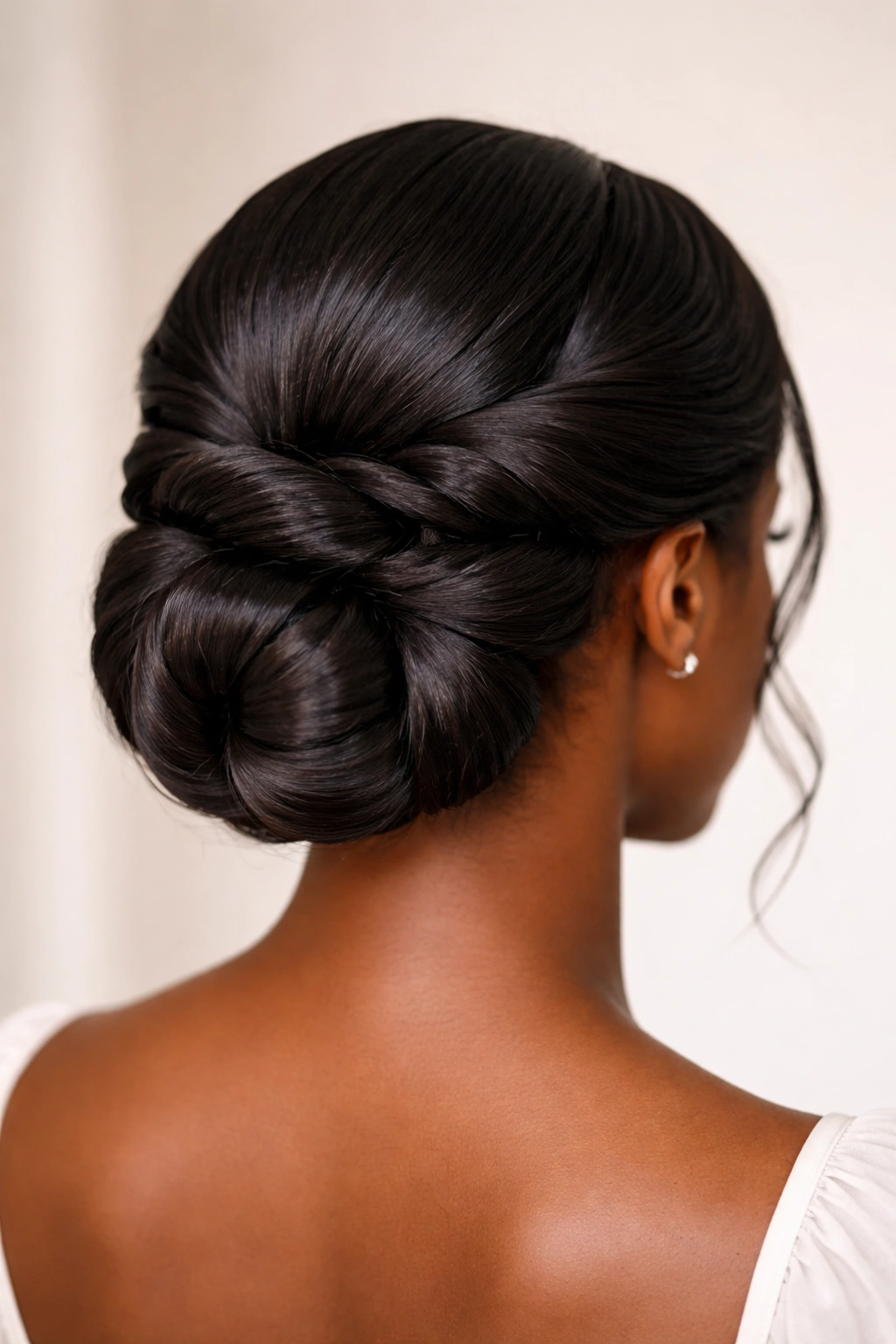 Thick, voluminous double-twisted low bun at the nape