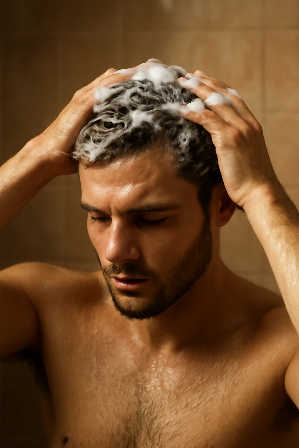 Person in a shower with thick second lather on the scalp, illustrating double-wash concept.