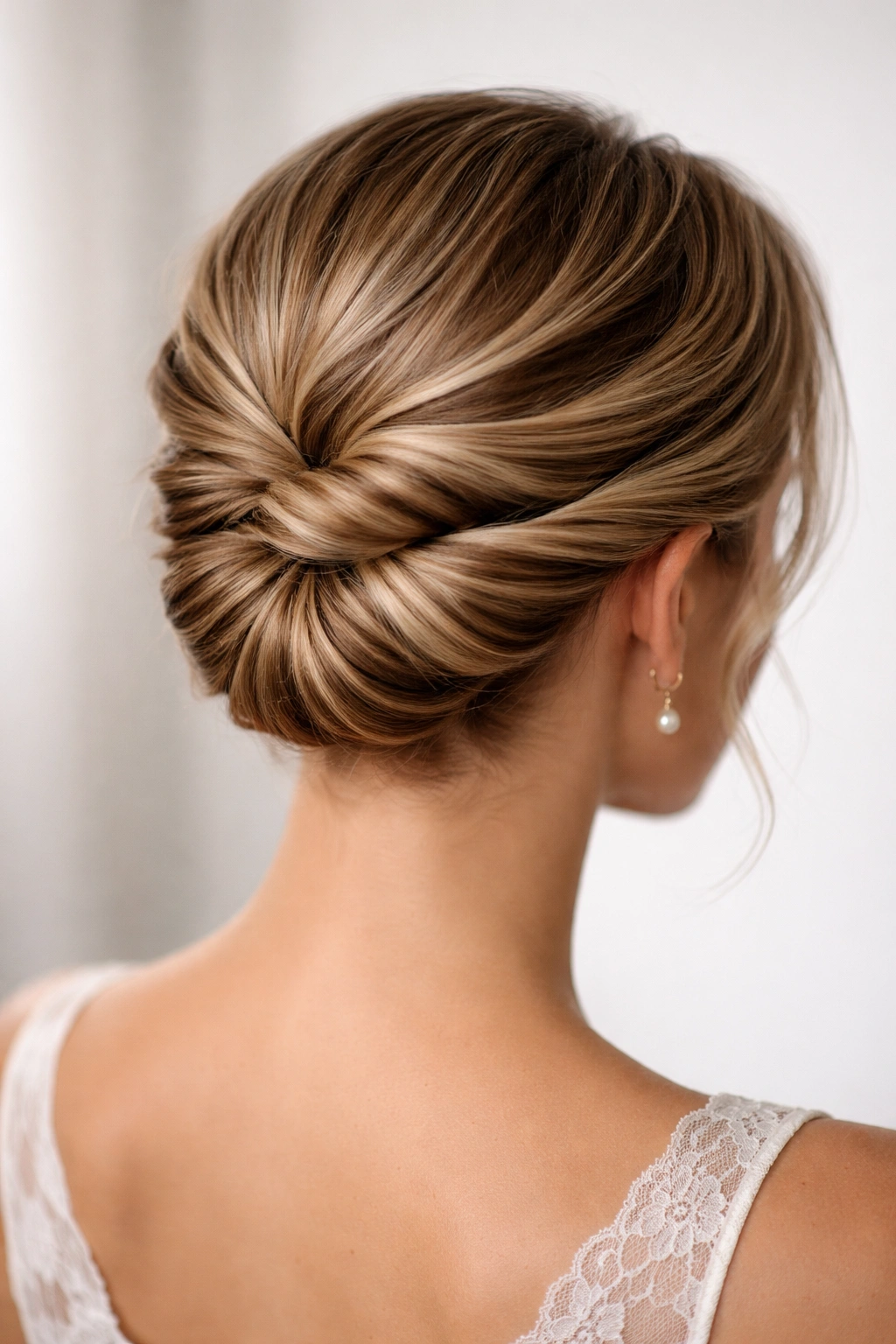Double-twisted updo with two twists at the back of the head on short hair.