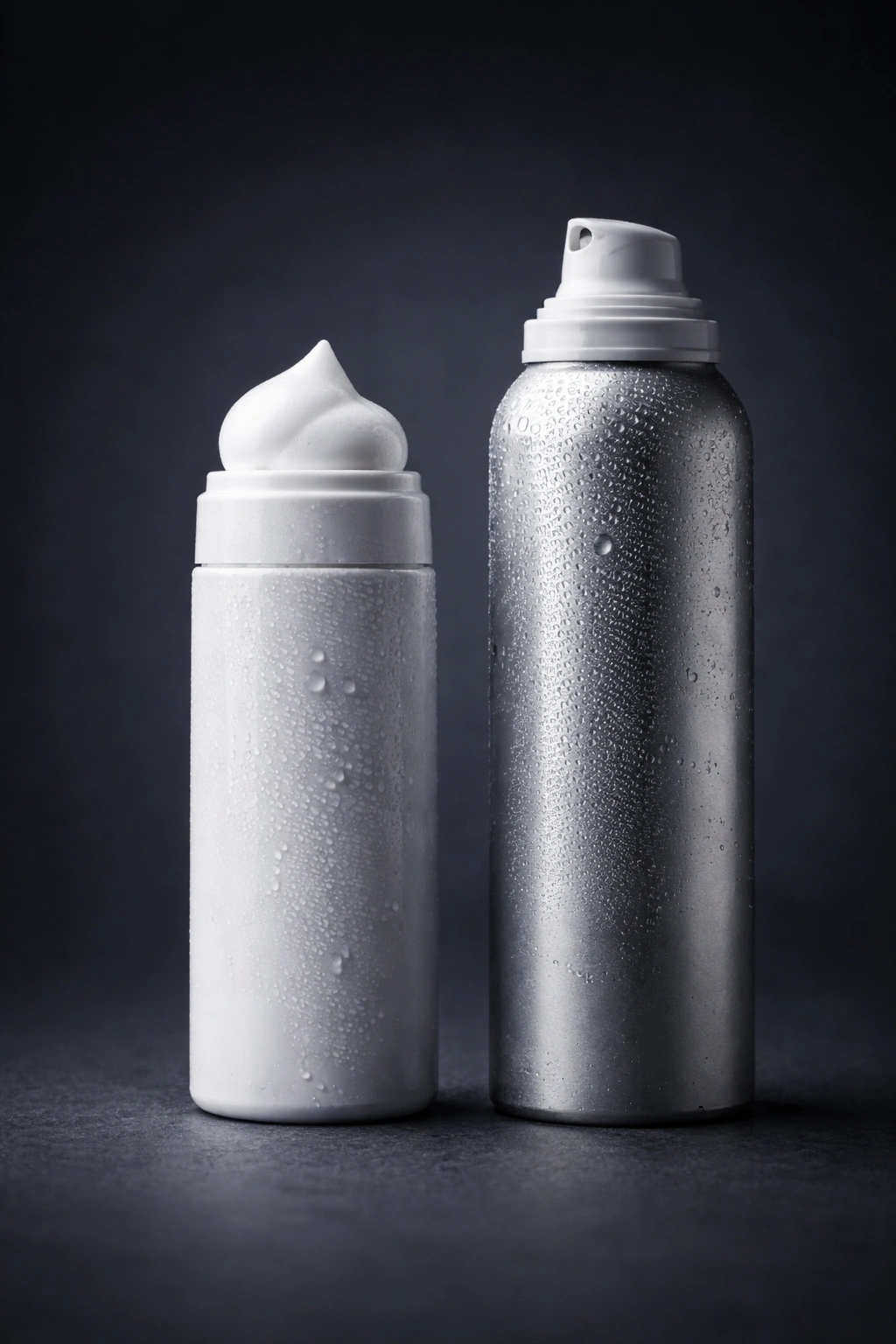 Condensation on two unlabeled bottles against a dark background