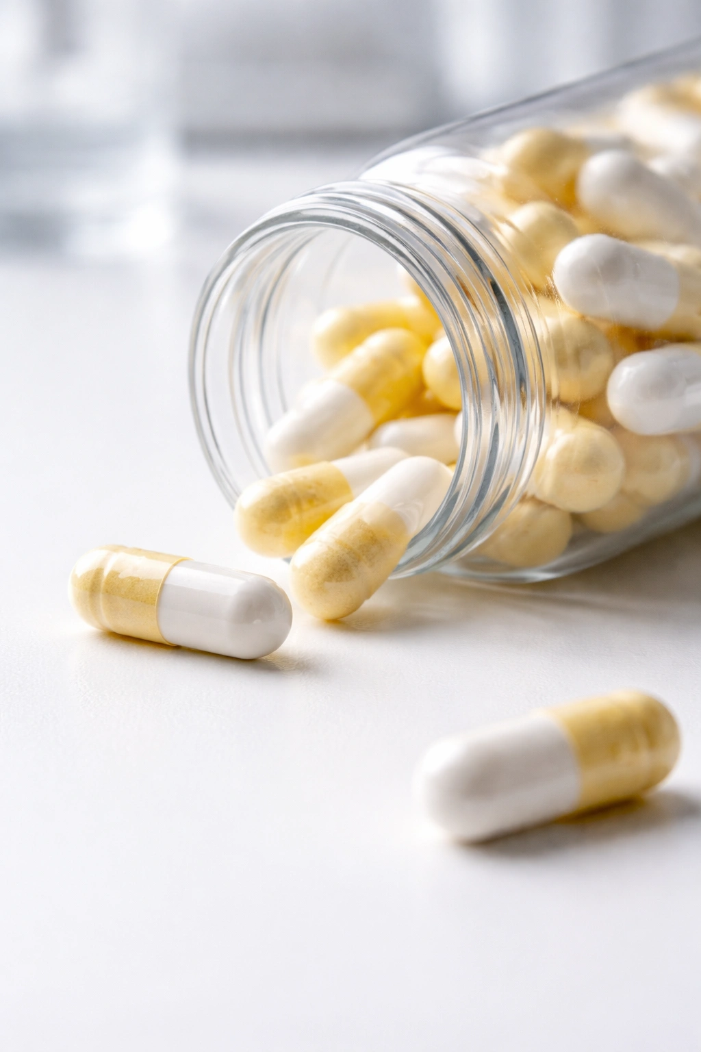 Close-up of doxycycline capsules in a bottle on a white surface