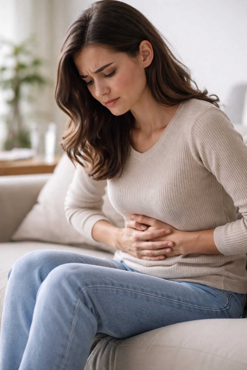 Person with mild stomach discomfort against neutral background