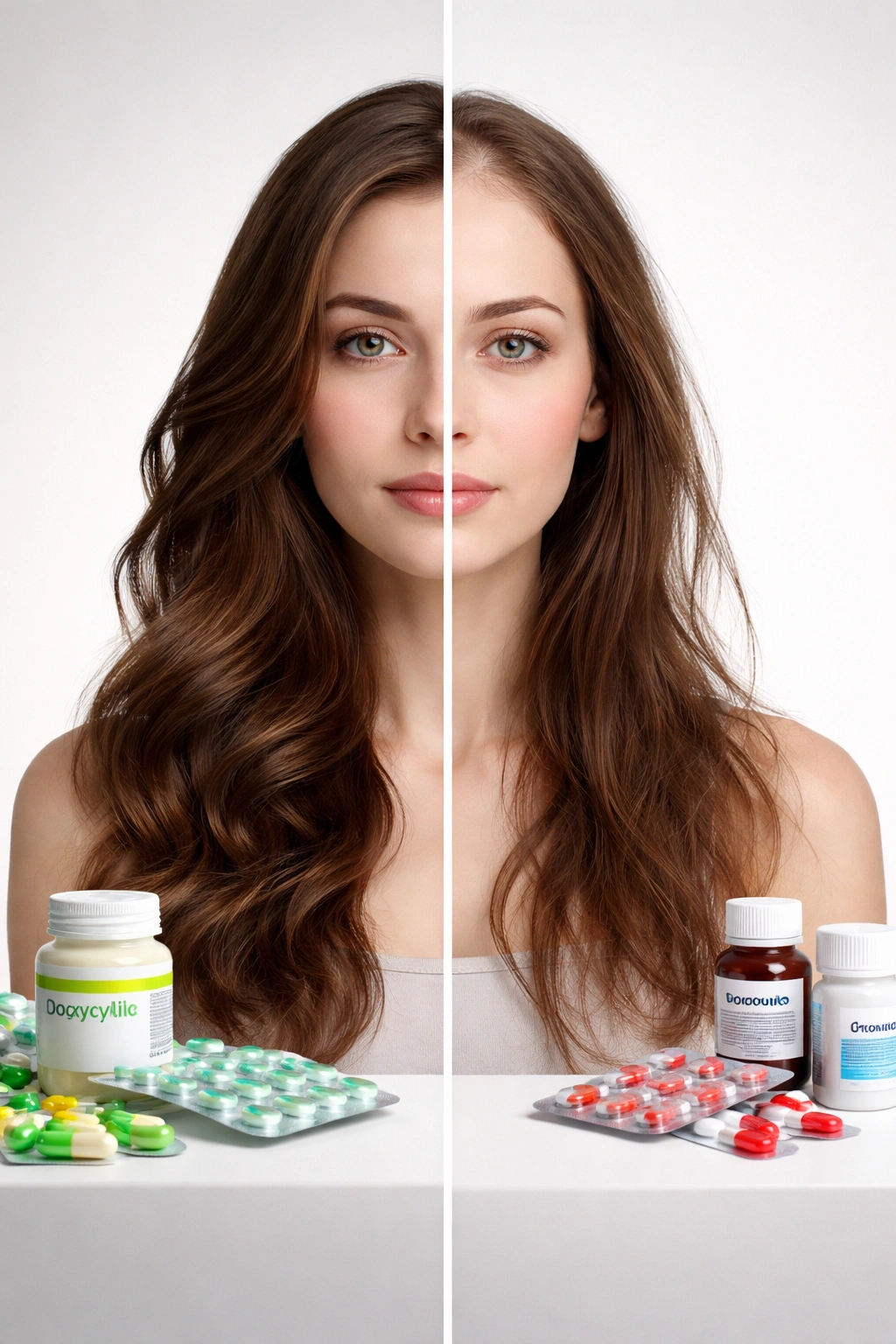 Split-scene portrait comparing doxycycline to other antibiotics for hair effects
