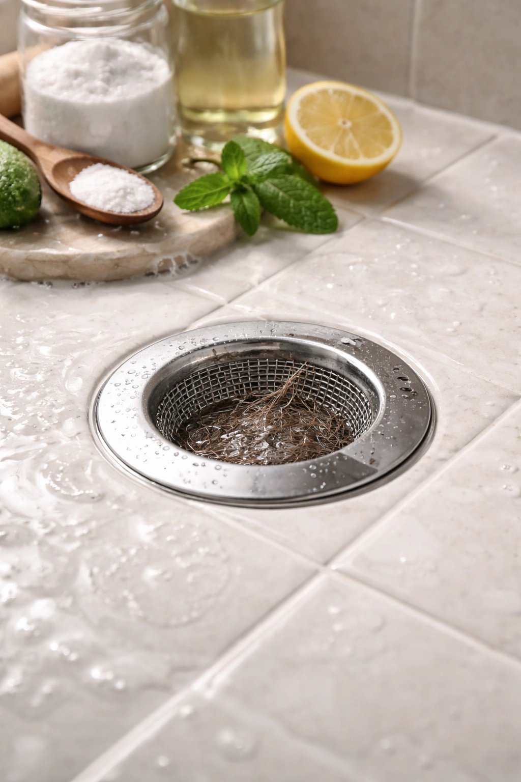 Close-up of a stainless steel drain catcher over a bathroom drain.