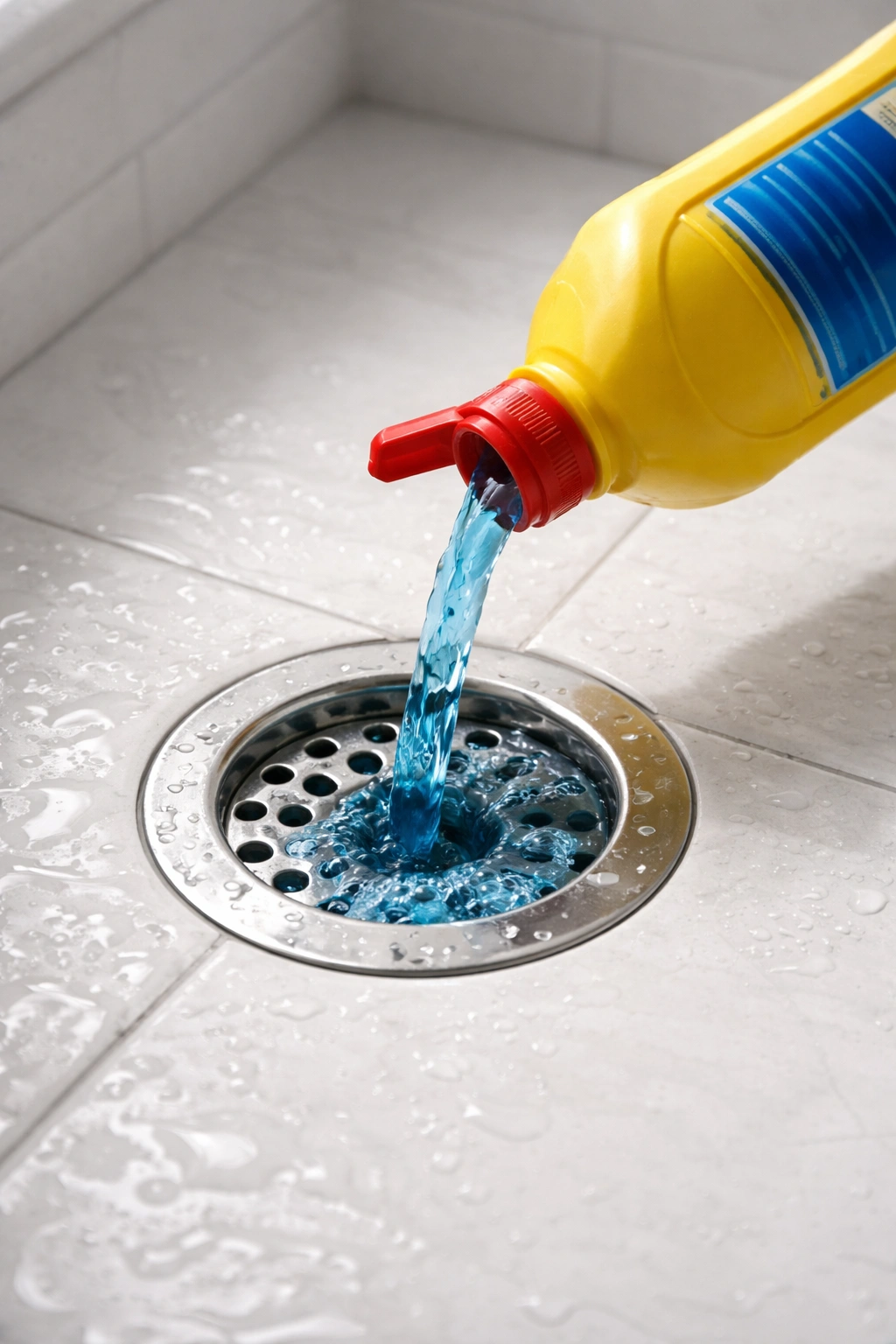 Generic plastic bottle pouring liquid into a shower drain