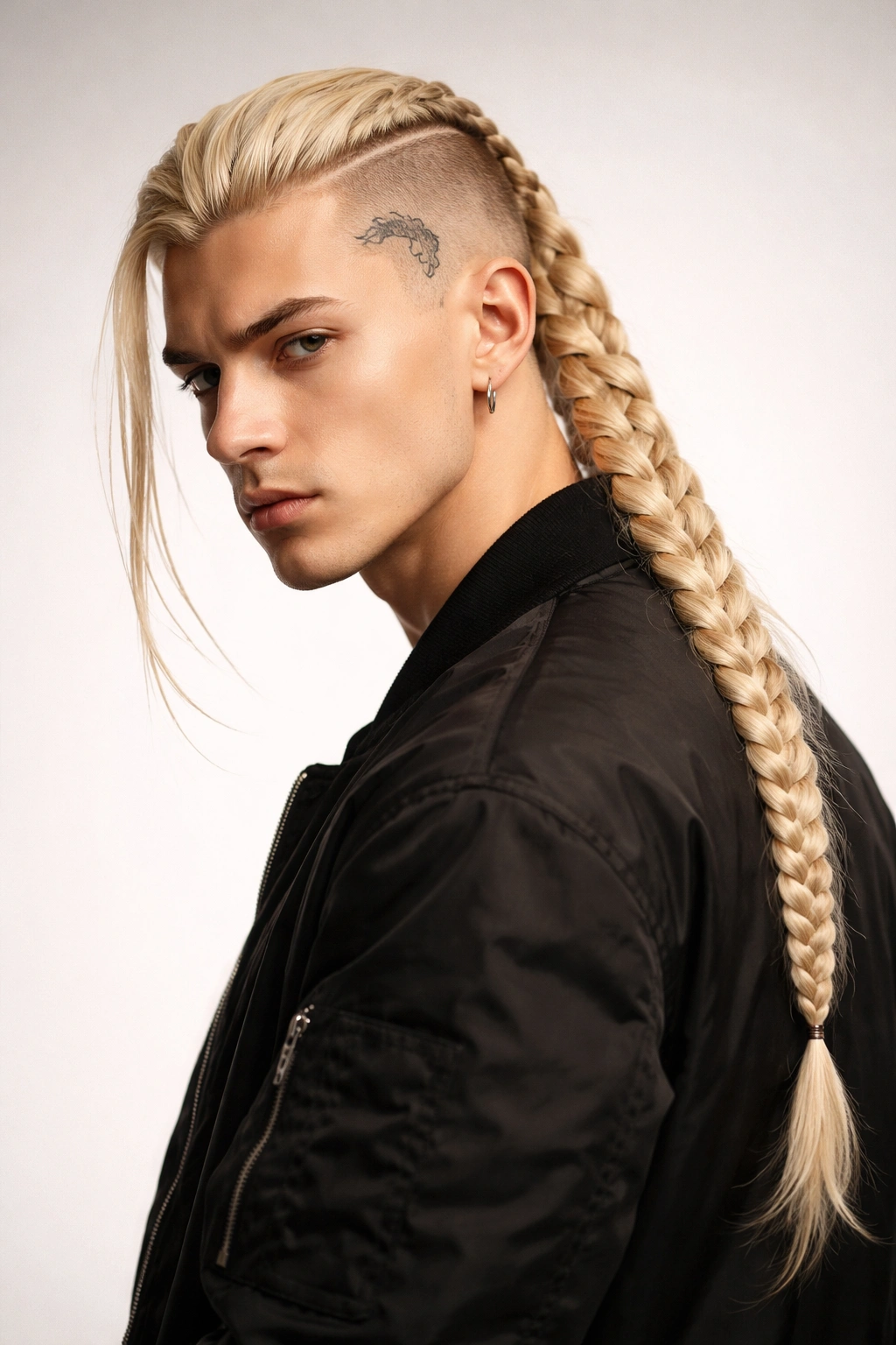Draken long blonde braid with shaved sides hairstyle in studio shot.