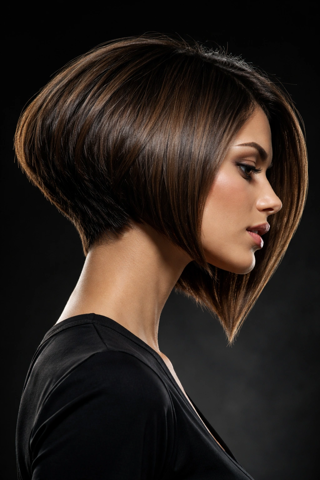 Profile shot of a dramatic angle inverted bob with long front pieces and a short back