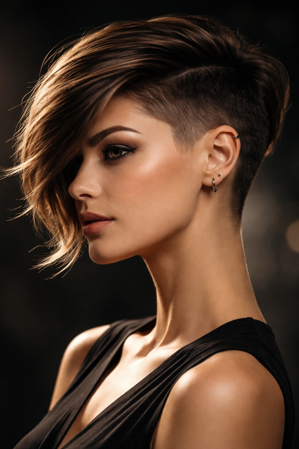Profile portrait showing dramatic asymmetry with a long side swept pixie and high undercut