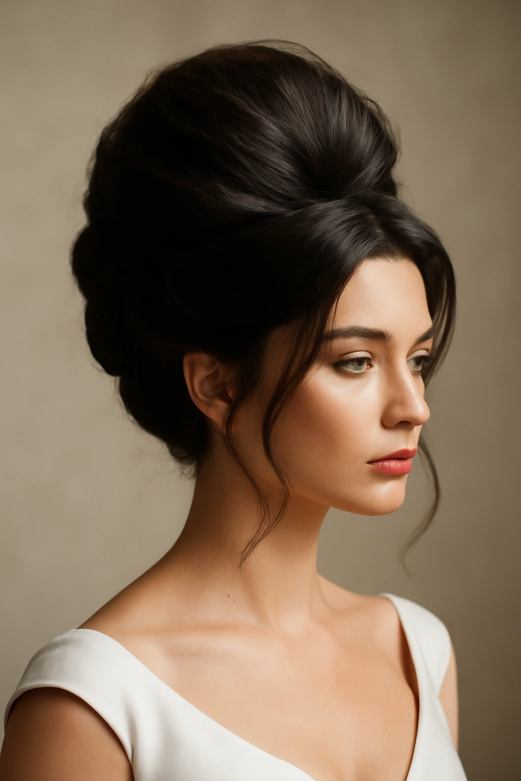 25 Wedding Hairstyles From Pixie Cuts to Long Waves 25 Close-up of bold architectural bridal updo with dramatic crown height and voluminous silhouette