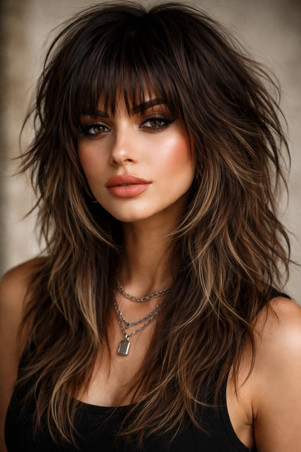 20 Wolf Cut Hairstyles Women Are Obsessed With 15 Portrait featuring a dramatic choppy fringe integrated with wolf cut layers.