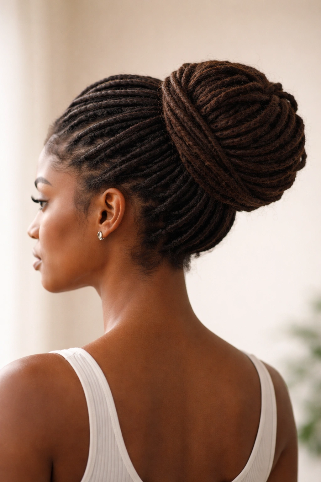 20 Dreadlock Styles For Women At Every Hair Length 8 Back view of a secure dreadlock bun with a rounded silhouette