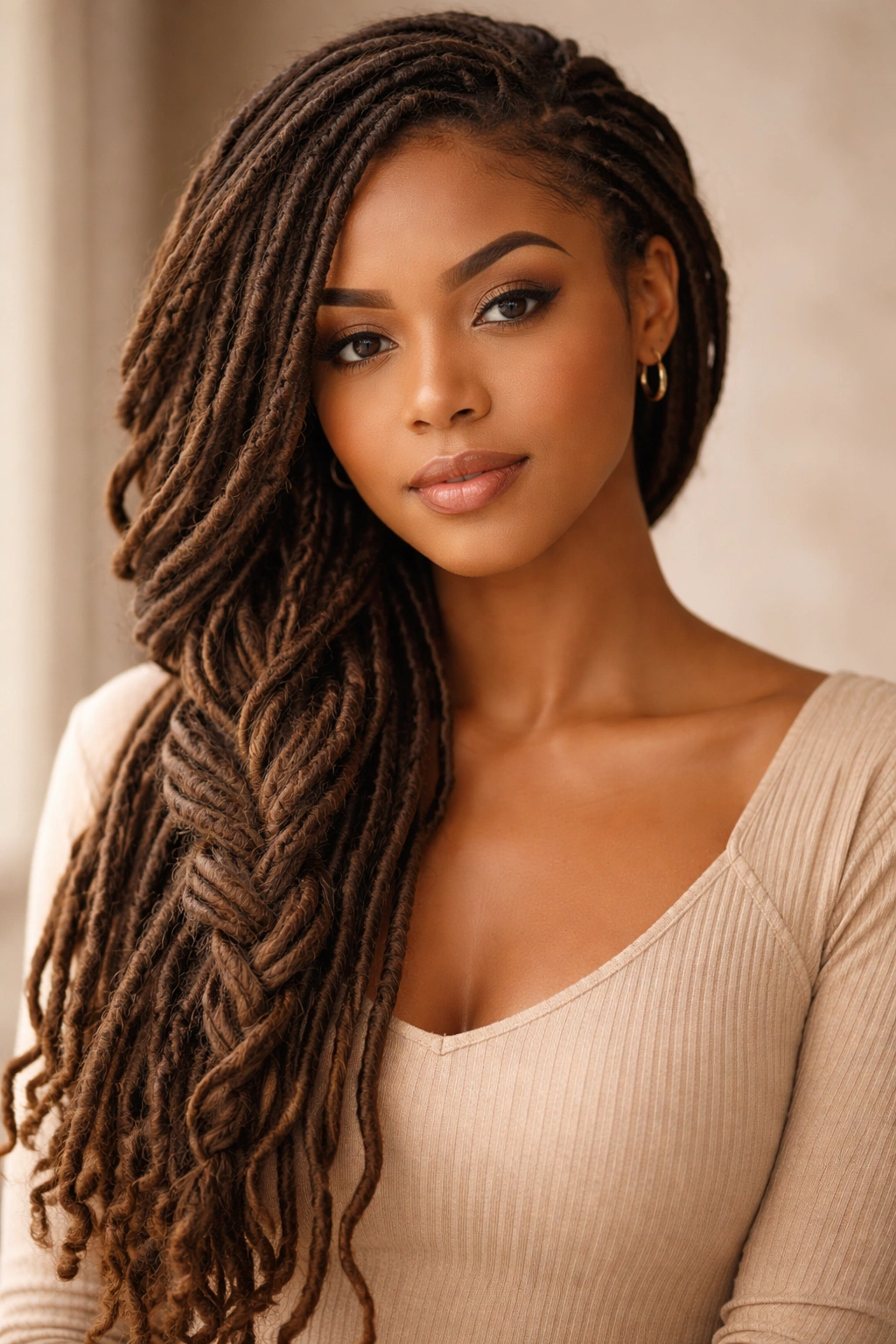 Close-up of chest-length dreadlocks styled in a loose side-swept braid