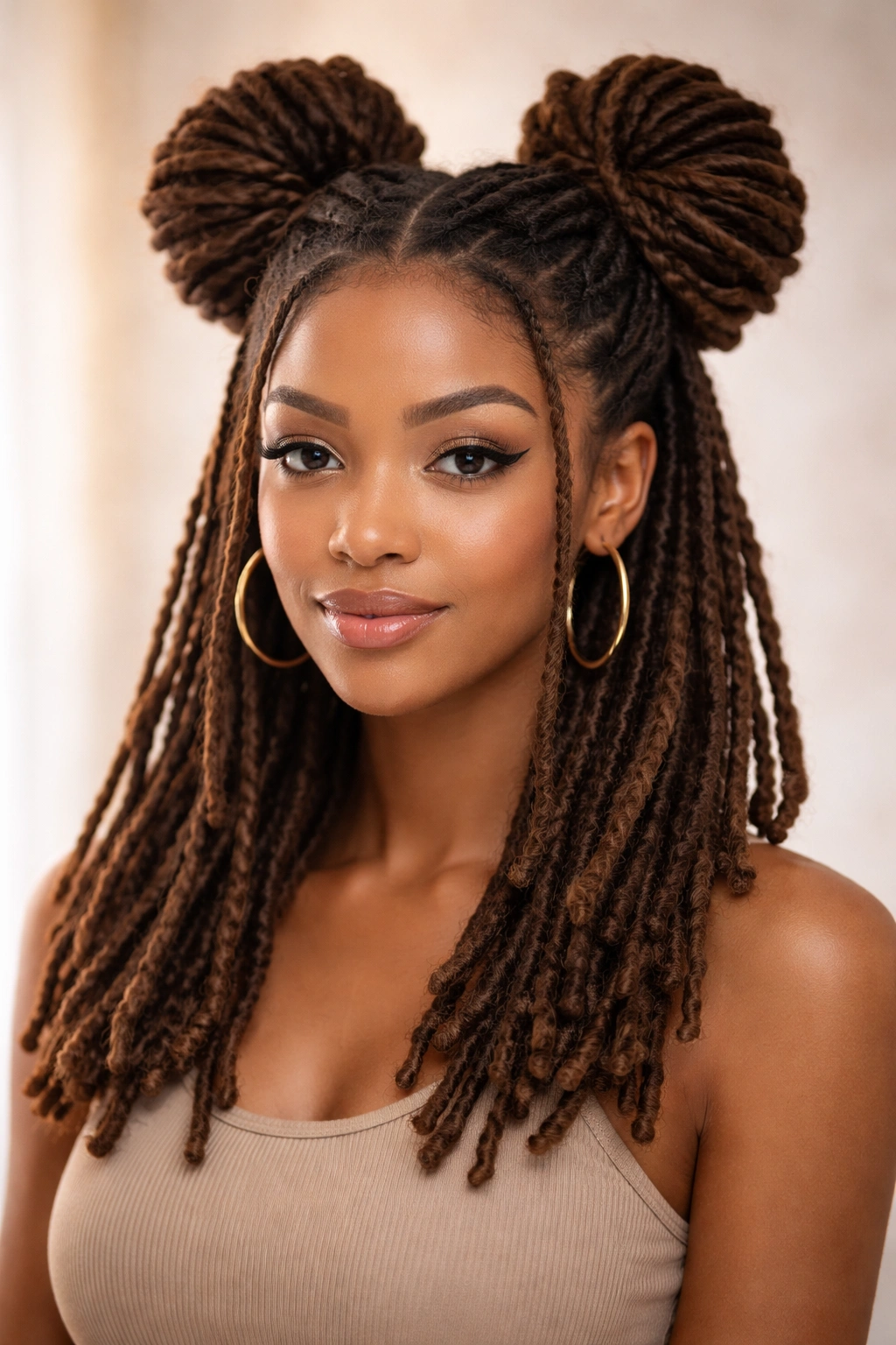 15 Dreadlock Styles For Women At Every Length 2 Two high dreadlock buns on top of the head