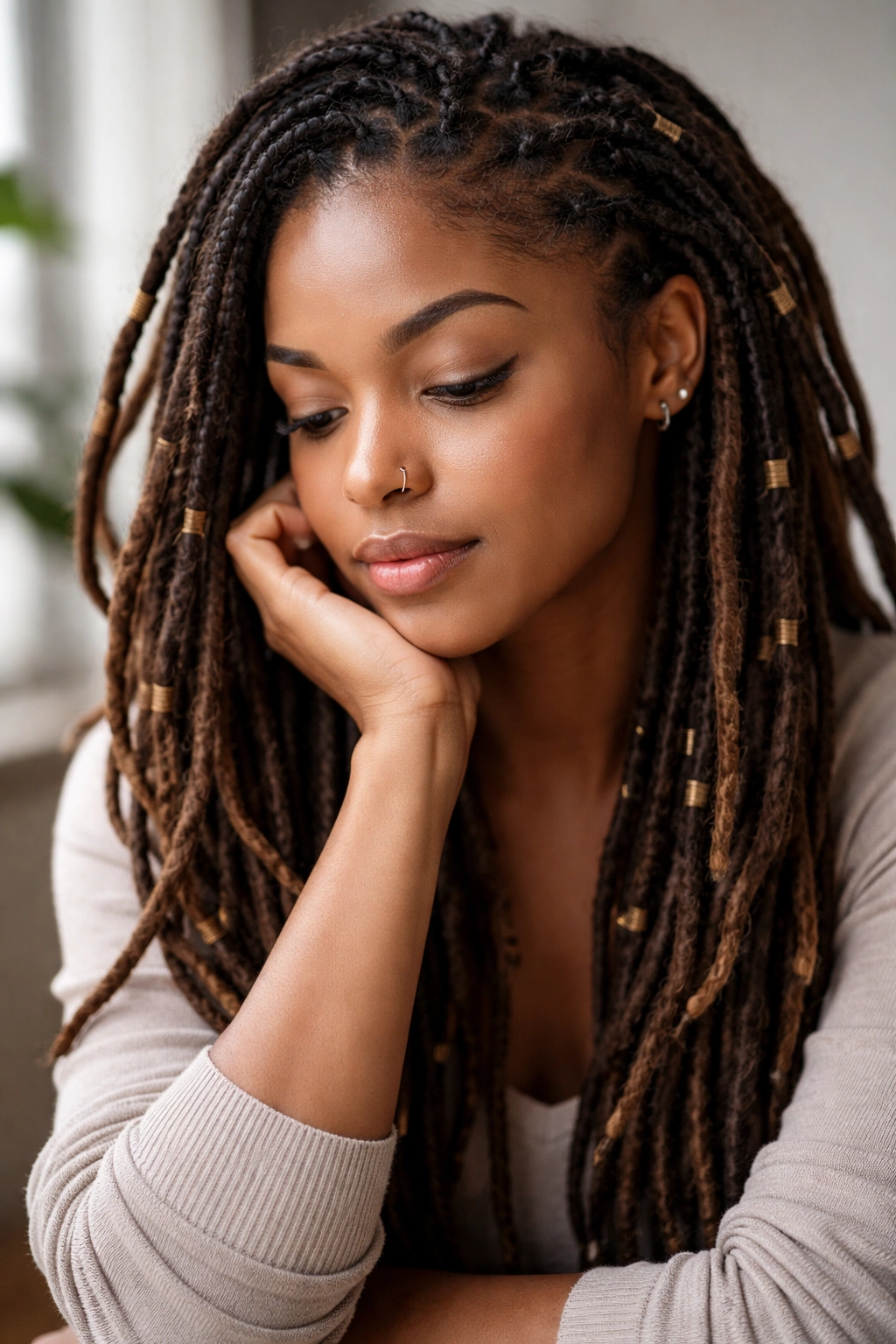 20 Dreadlock Styles For Women At Every Hair Length 21 Contemplative portrait of a person with dreadlocks in a minimalist studio